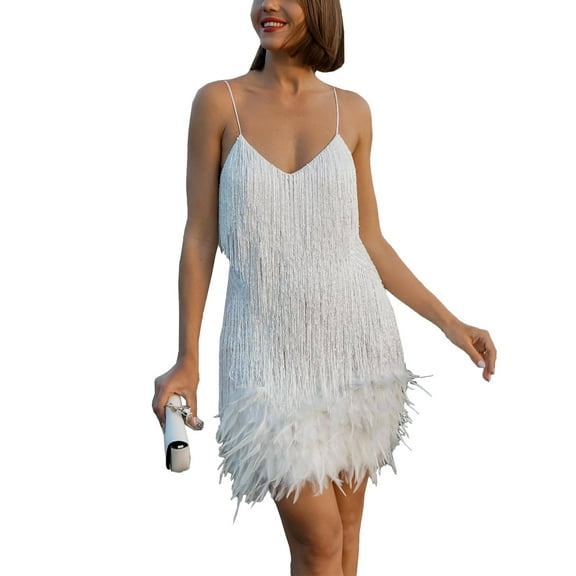 XXXITICAT Women’s Dresses Flapper Dresses 20s Gatsby with All-Over Fringe Mini Dresses(WH,XL)
