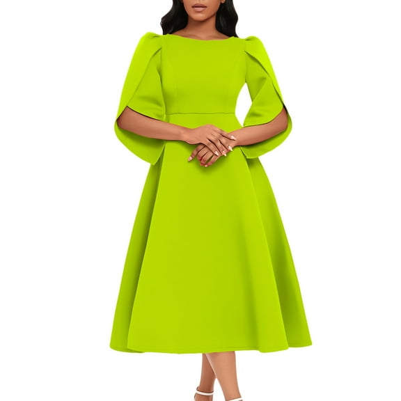 XXXITICAT Women's Elegant 3/4 Petal Sleeve Long Dress Crewneck A-Line Pleated Swing Formal Cocktail Party Dress(GR,3XL)