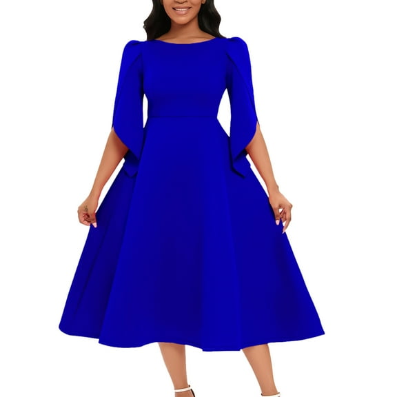 XXXITICAT Women's Elegant 3/4 Petal Sleeve Long Dress Crewneck A-Line Pleated Swing Formal Cocktail Party Dress(SB,XL)
