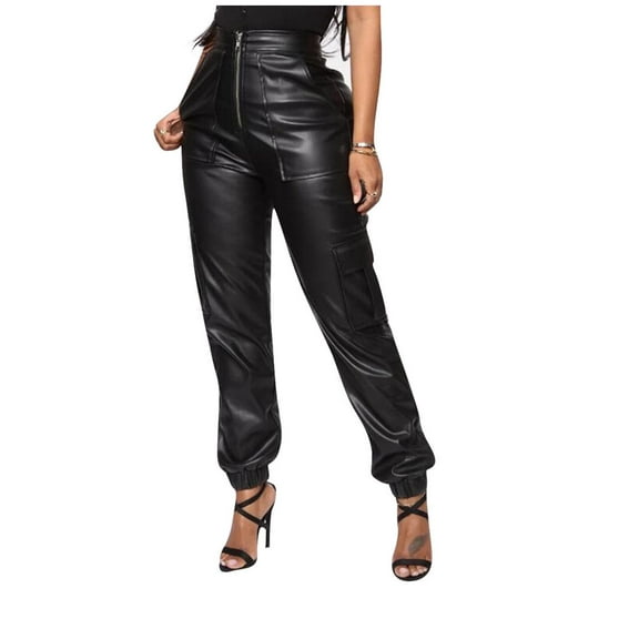 XXXITICAT Women's Faux Leather Elastic Solid Pant High Waist Baggy Jogger Pant with Pockets(BL,M)