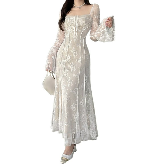 XXXITICAT Women's Floral Lace Maxi Dress Long Sleeve Square Neck Flower Print Swing Hem Layered White Fairy Long Dress(WH,M)