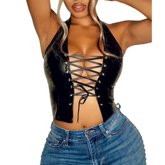 XXXITICAT Women's Halter PU Faux Leather Crop Top Lace Up Camisole Criss Cross Tank(BL,S)
