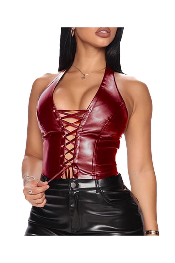 Women's Halter PU Faux Leather Crop Top Lace Up Camisole Criss Cross Tank(RE,L)