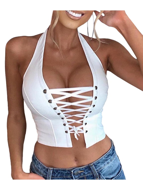 Women's Halter PU Faux Leather Crop Top Lace Up Camisole Criss Cross Tank(WH,2XL)