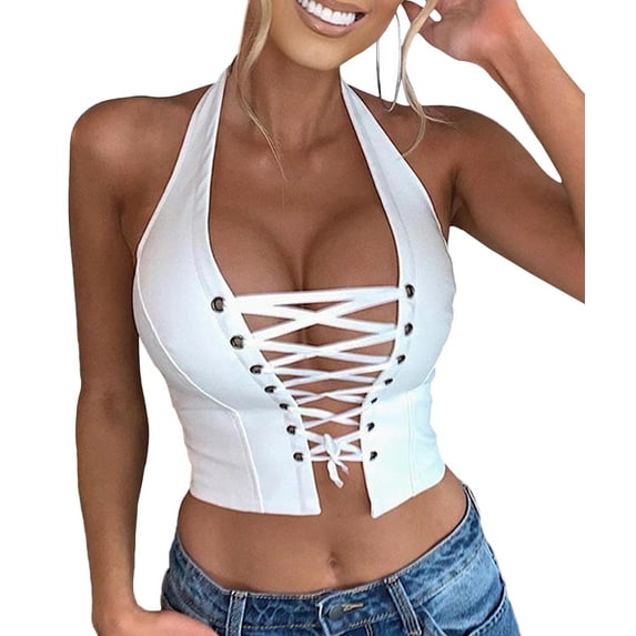 XXXITICAT Women's Halter PU Faux Leather Crop Top Lace Up Camisole Criss Cross Tank(WH,L)