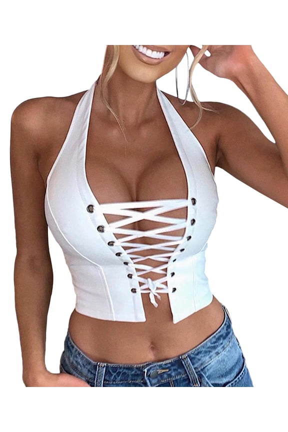 Women's Halter PU Faux Leather Crop Top Lace Up Camisole Criss Cross Tank(WH,S)