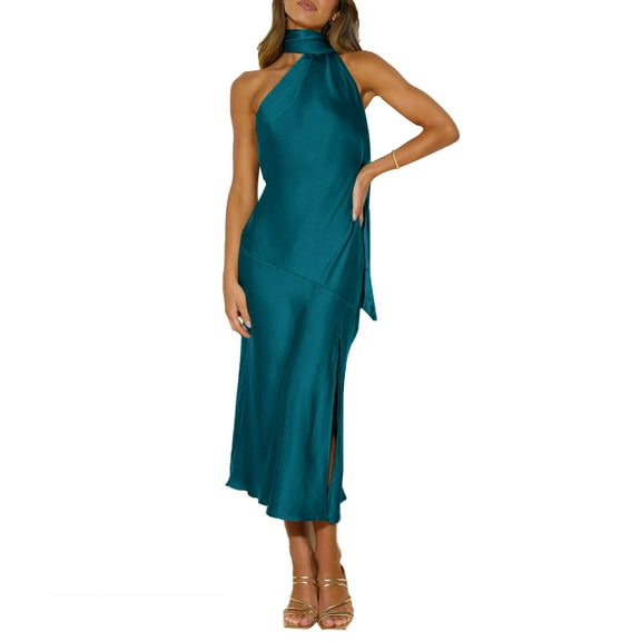 XXXITICAT Women's Halter Tie Neck Satin Dress Open Back Wedding Party Maxi Dress(AB,XL)