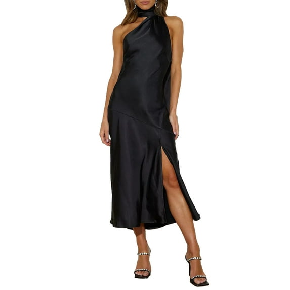 XXXITICAT Women's Halter Tie Neck Satin Dress Open Back Wedding Party Maxi Dress(BL,XL)