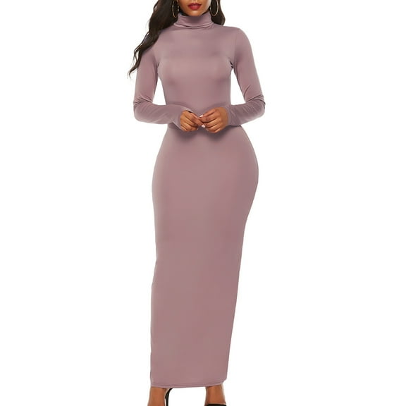 XXXITICAT Women's High Neck Maxi Gown Dress Long Sleeve Turtleneck Floor Length Slim Plain Basic Oversized Bodycon Dresses(AP,4XL)