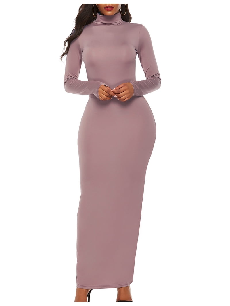 Xxxiticat Women's High Neck Maxi Gown Dress Long Sleeve Turtleneck Floor Length Slim Plain Basic Oversized Bodycon Dresses(AP,S)