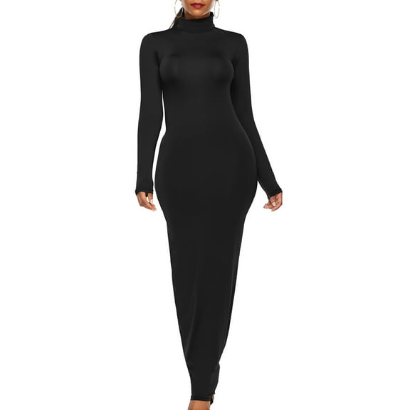 XXXITICAT Women's High Neck Maxi Gown Dress Long Sleeve Turtleneck Floor Length Slim Plain Basic Oversized Bodycon Dresses(BL,XL)