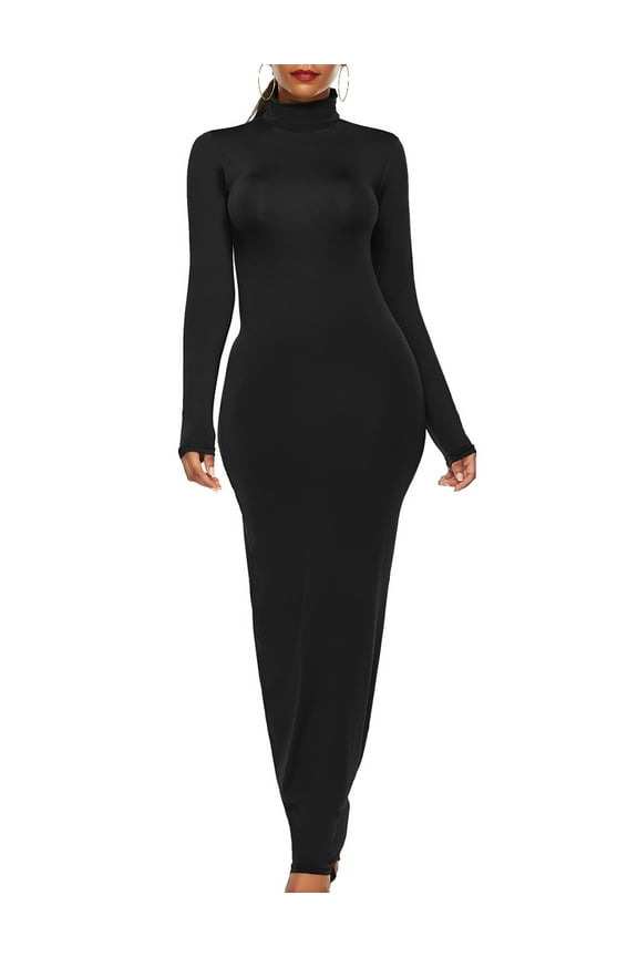 Women's High Neck Maxi Gown Dress Long Sleeve Turtleneck Floor Length Slim Plain Basic Oversized Bodycon Dresses(BL,XL)