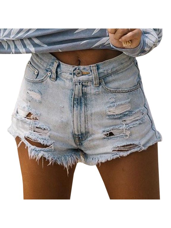 Women's High Waist Distressed Casual Cut Off Ripped Jeans Denim Shorts(LB,L)