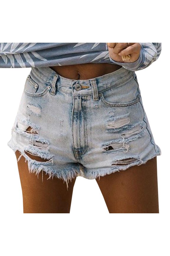 Women's High Waist Distressed Casual Cut Off Ripped Jeans Denim Shorts(LB,M)