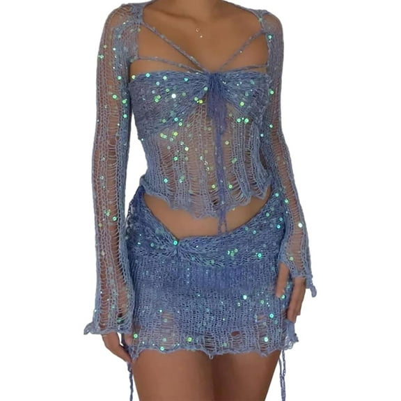 XXXITICAT Women's Hollow Out Skirt Matching Set Cardigan Bralette Crop Top Crochet Skirt(BE,XL)