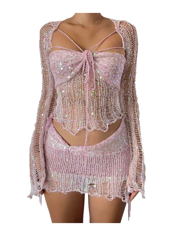 Women's Hollow Out Skirt Matching Set Cardigan Bralette Crop Top Crochet Skirt(PI,S)