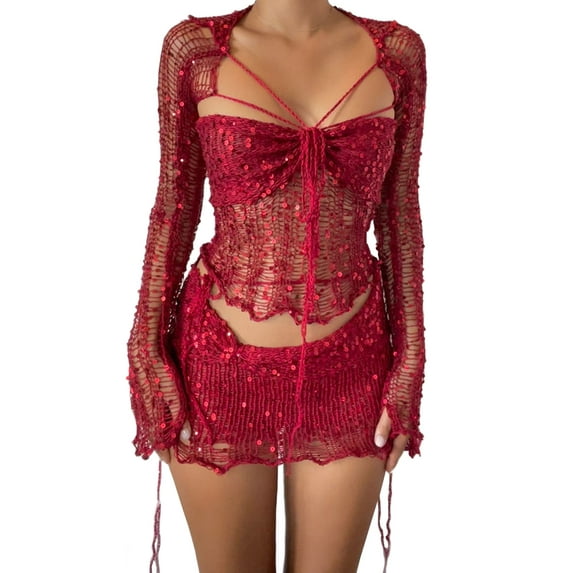 XXXITICAT Women's Hollow Out Skirt Matching Set Cardigan Bralette Crop Top Crochet Skirt(RE,S)