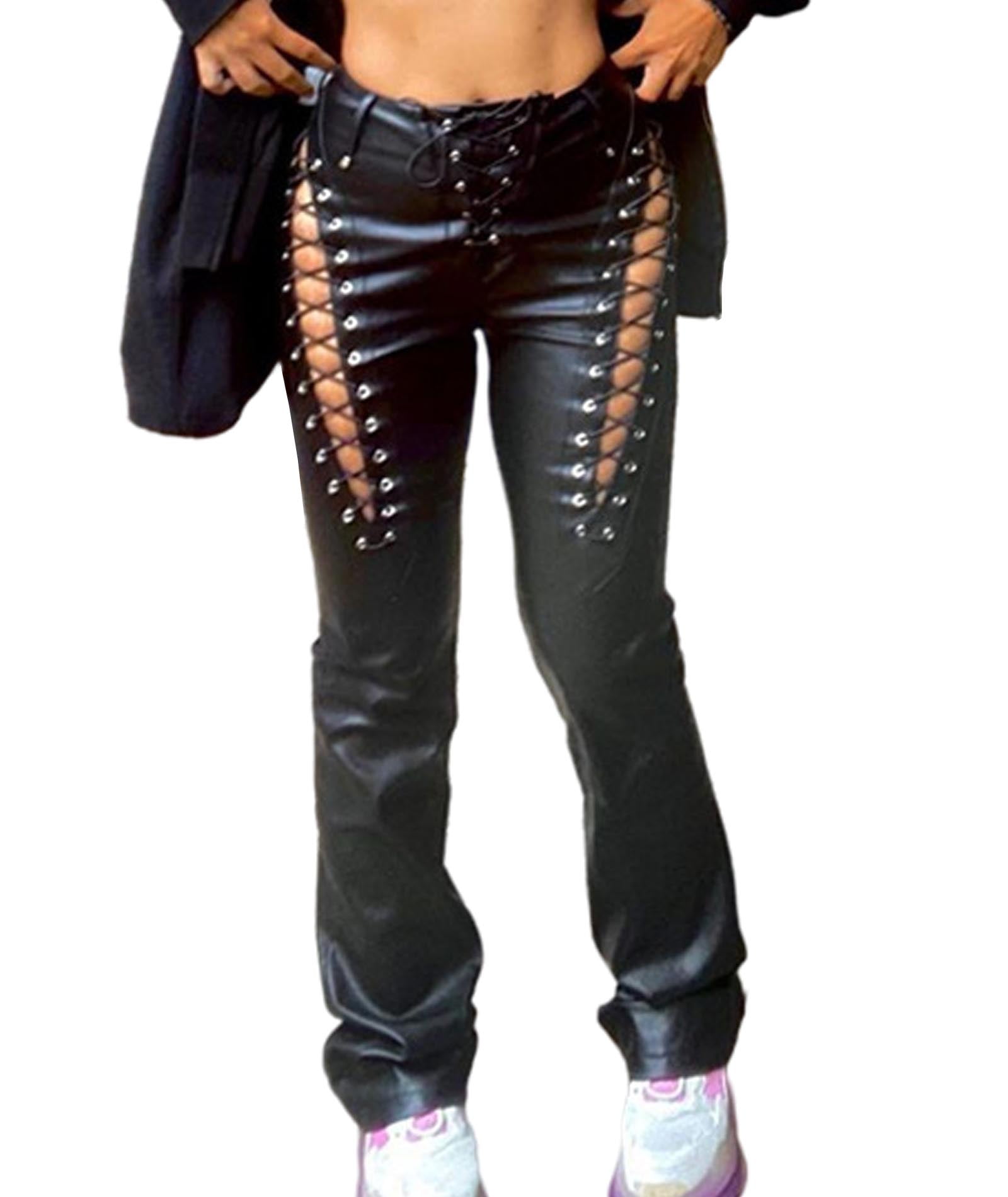 XXXITICAT Women's Lace Up PU Faux Leather Pants High Waist Hollow Out Drawstring(BL,M)