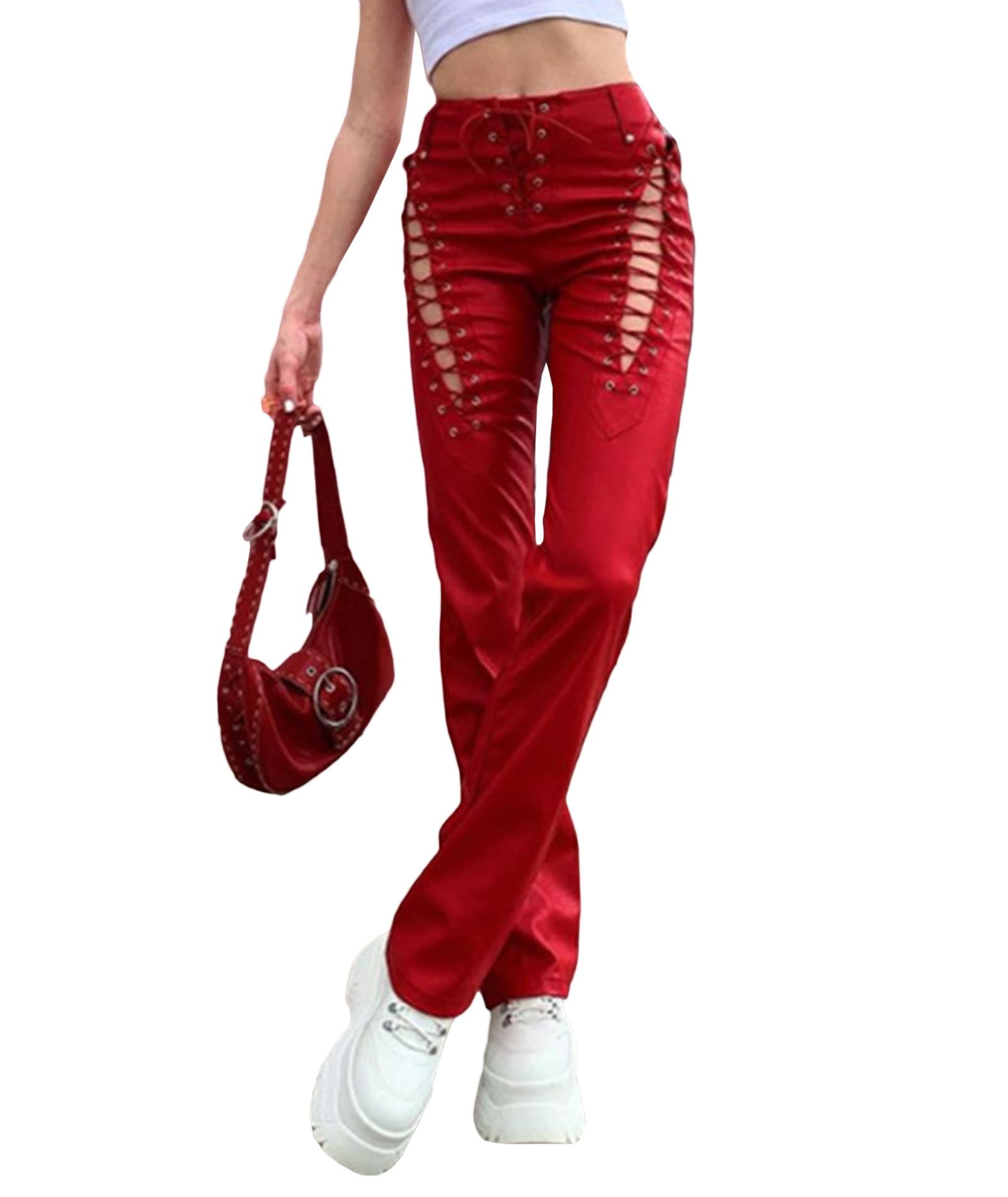 XXXITICAT Women's Lace Up PU Faux Leather Pants High Waist Hollow Out Drawstring(RE,XL)