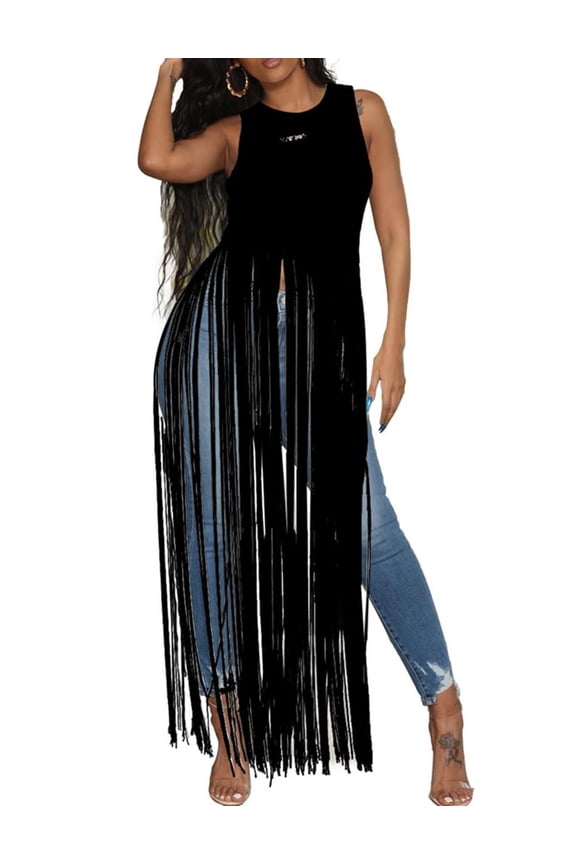 Women's Long Tassel Tank Tops Summer Sexy Sleeveless Flowy T Shirt Maxi Dress Party Clubwear(BL,L)
