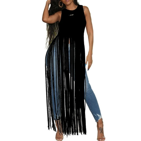 XXXITICAT Women's Long Tassel Tank Tops Summer Sexy Sleeveless Flowy T Shirt Maxi Dress Party Clubwear(BL,S)
