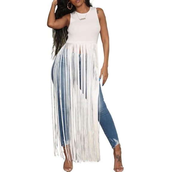 XXXITICAT Women's Long Tassel Tank Tops Summer Sexy Sleeveless Flowy T Shirt Maxi Dress Party Clubwear(WH,L)