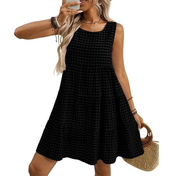 XXXITICAT Women's Mini Dress Loose Casual Round Neck A Line Flowy Checkered Beach Dresses(BL,L)