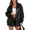 thumbnail image 1 of XXXITICAT Women's PU Leather Jacket Turn Down Collar Zipper Faux Leather Windbreaker Bomber Coat(BL,S), 1 of 4