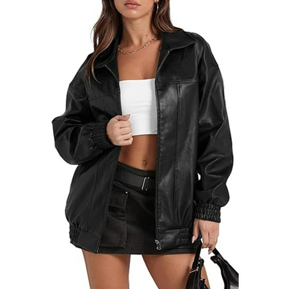 XXXITICAT Women's PU Leather Jacket Turn Down Collar Zipper Faux Leather Windbreaker Bomber Coat(BL,S)