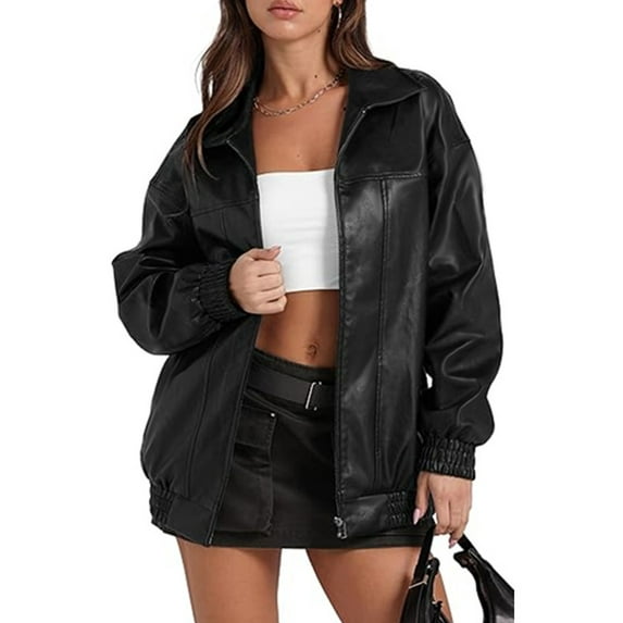 XXXITICAT Women's PU Leather Jacket Turn Down Collar Zipper Faux Leather Windbreaker Bomber Coat(BL,S)