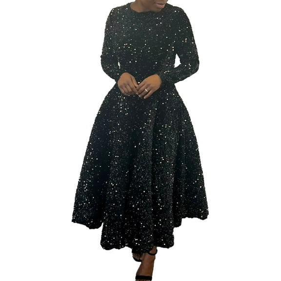 XXXITICAT Women's Plus Size Sequin Dress Flared Cocktail Sparkle Glitter Evening Maxi Dress(BL,M)