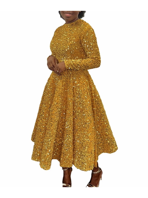 Women's Plus Size Sequin Dress Flared Cocktail Sparkle Glitter Evening Maxi Dress(GO,S)