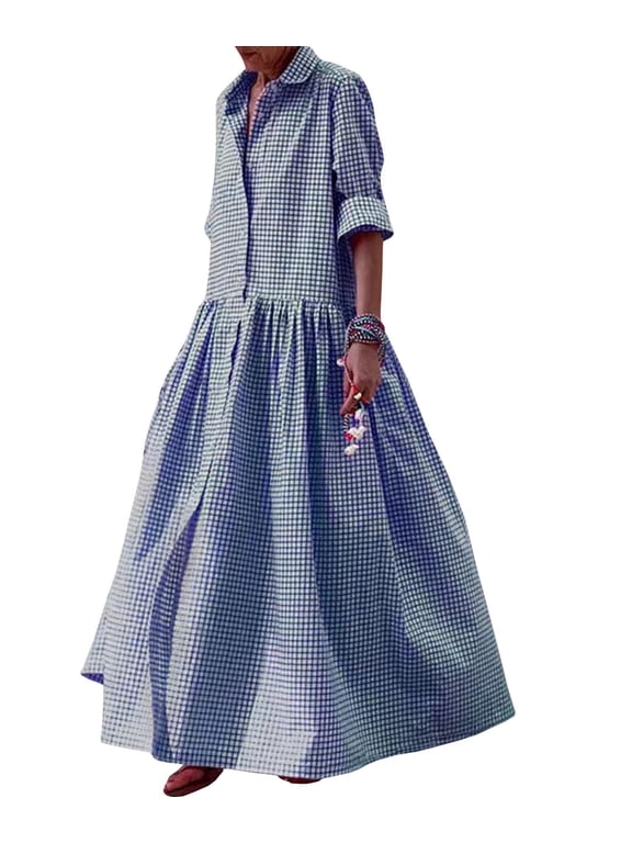 Women's Retro Plaid Button Down Maxi Shirt Dress Long Sleeve Gingham Pleated Swing Long Dress(BE,M)