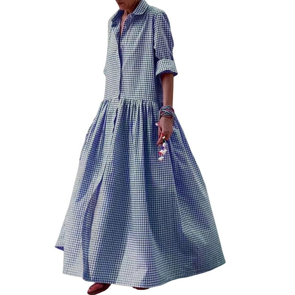 XXXITICAT Women's Retro Plaid Button Down Maxi Shirt Dress Long Sleeve Gingham Pleated Swing Long Dress(BE,S)