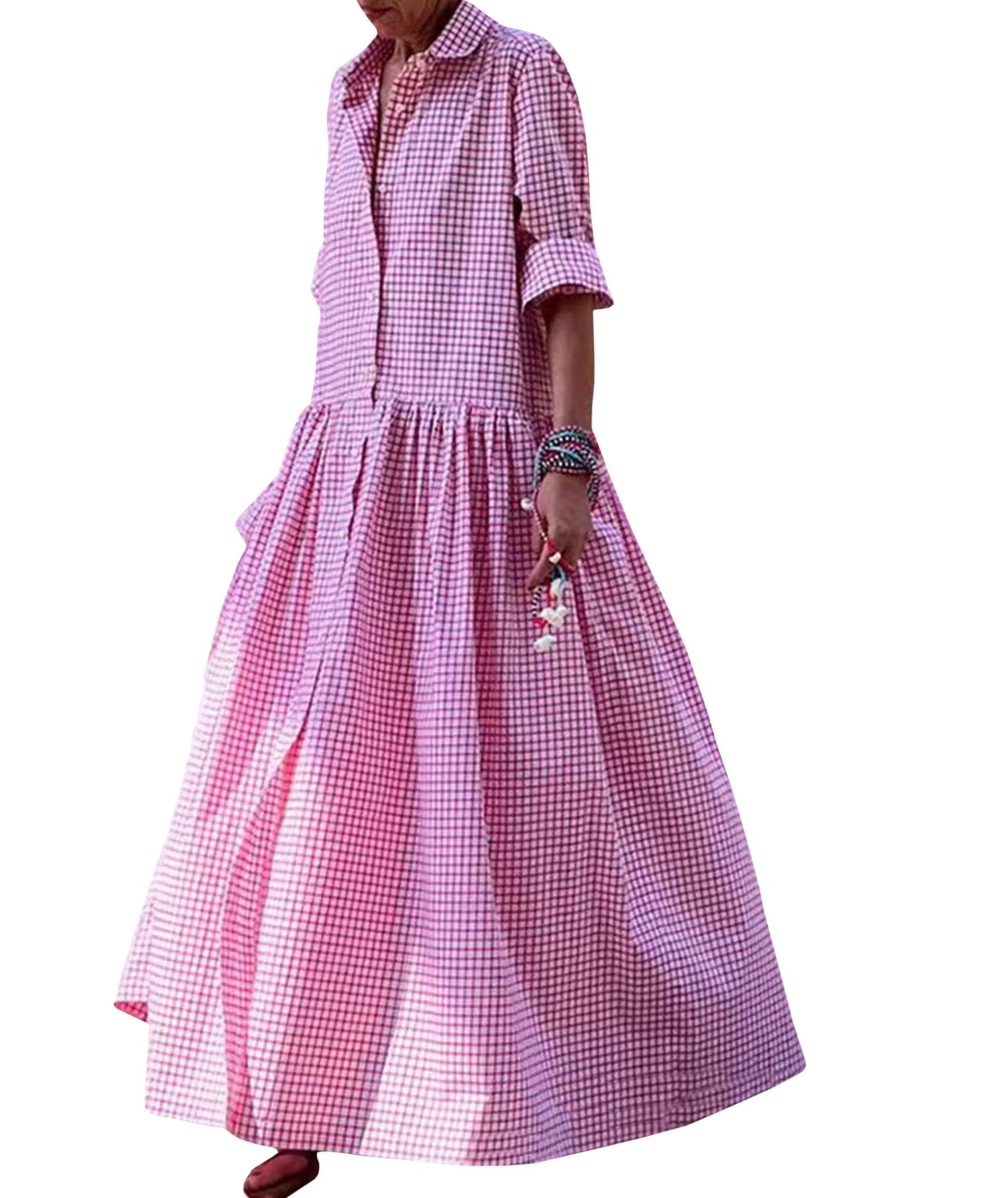 Vintage Gingham Maxi Shirt Dress Pink / L