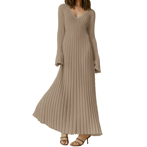 XXXITICAT Women's Ribbed Knit Long Sleeve Sweater Maxi Dress V Neck Striped Casual Fitted Long Dresses(AP,S)
