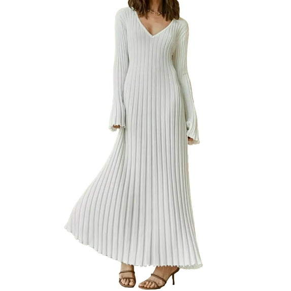 XXXITICAT Women's Ribbed Knit Long Sleeve Sweater Maxi Dress V Neck Striped Casual Fitted Long Dresses(WH,S)