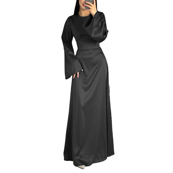 XXXITICAT Women's Satin Long Sleeve Round Neck Back Lace Up Maxi Dress(BL,XL)