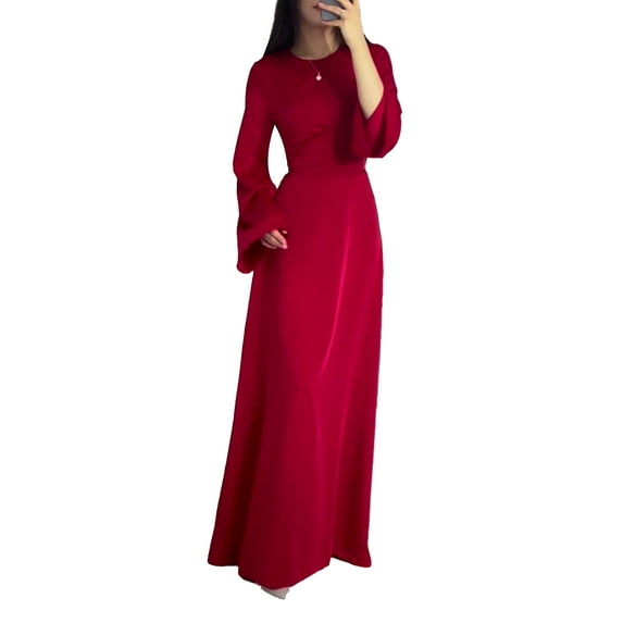 XXXITICAT Women's Satin Long Sleeve Round Neck Back Lace Up Maxi Dress(RE,S)