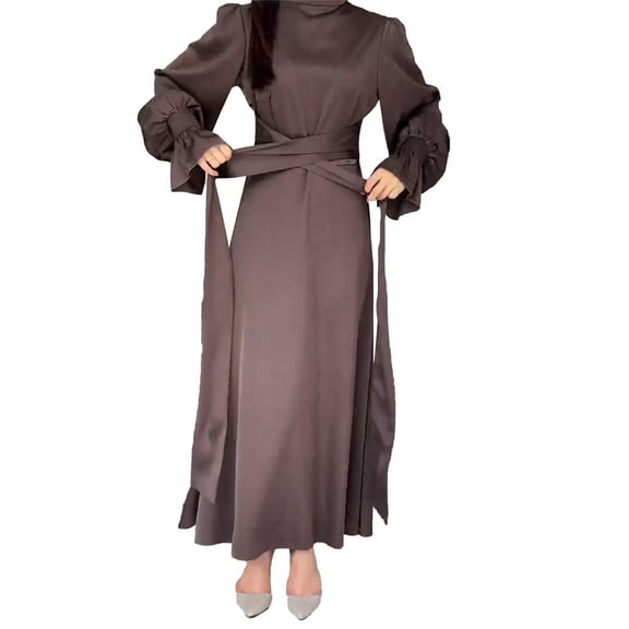 XXXITICAT Women's Satin Maxi Dress Long Lantern Sleeve Mock Neck Tie Waist Pleated Cocktail Dresses(CO,L)