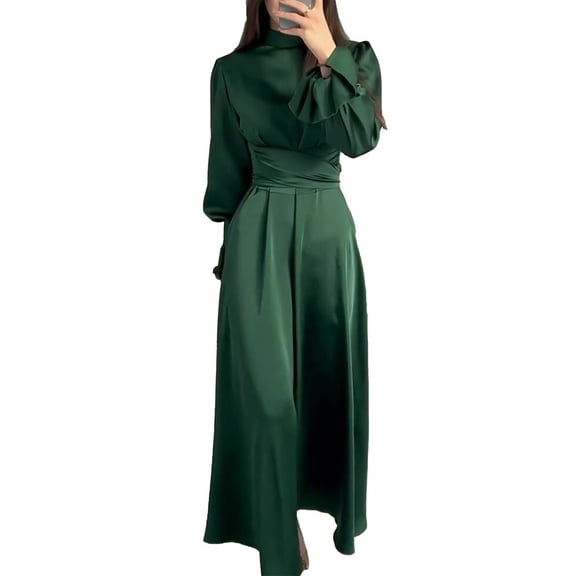 XXXITICAT Women's Satin Maxi Dress Long Lantern Sleeve Mock Neck Tie Waist Pleated Cocktail Dresses(GR,S)
