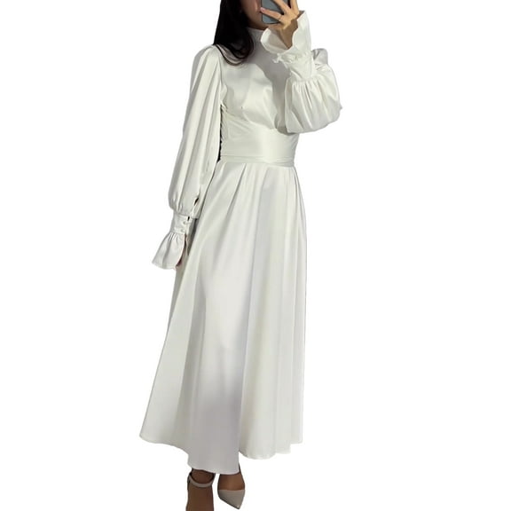 XXXITICAT Women's Satin Maxi Dress Long Lantern Sleeve Mock Neck Tie Waist Pleated Cocktail Dresses(WH,L)