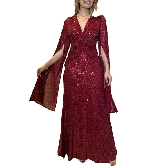 XXXITICAT Women's Sequin Prom Dress Long Cape Sleeve V Neck Front Twist Knot Evening Party Wedding Slit Maxi Gown Dresses(WR,M)