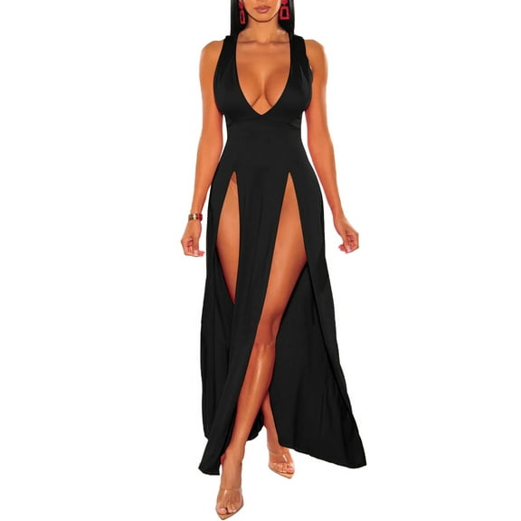 XXXITICAT Women's Sexy Deep V Neck Double High Split Side Maxi Cocktail Dress(BL,S)