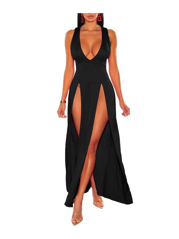 Women's Sexy Deep V Neck Double High Split Side Maxi Cocktail Dress(BL,S)