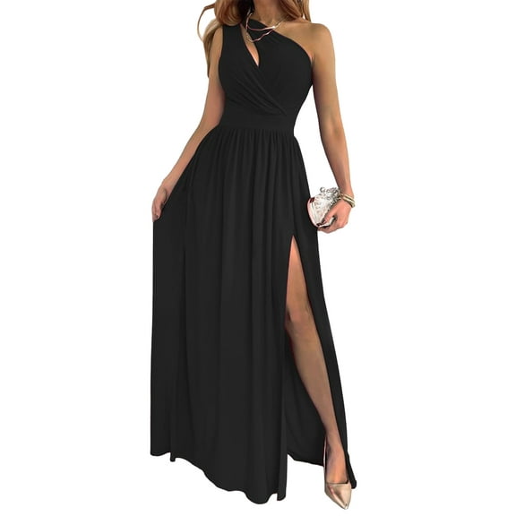 XXXITICAT Women's Sexy One Shoulder Cutout Pleated High Slit Maxi Dress(BL,XS)