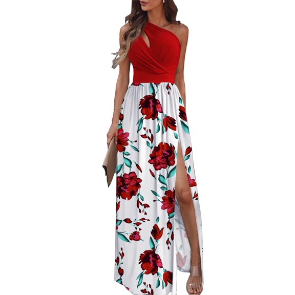 XXXITICAT Women's Sexy One Shoulder Cutout Pleated High Slit Maxi Dress(RE2,2XL)