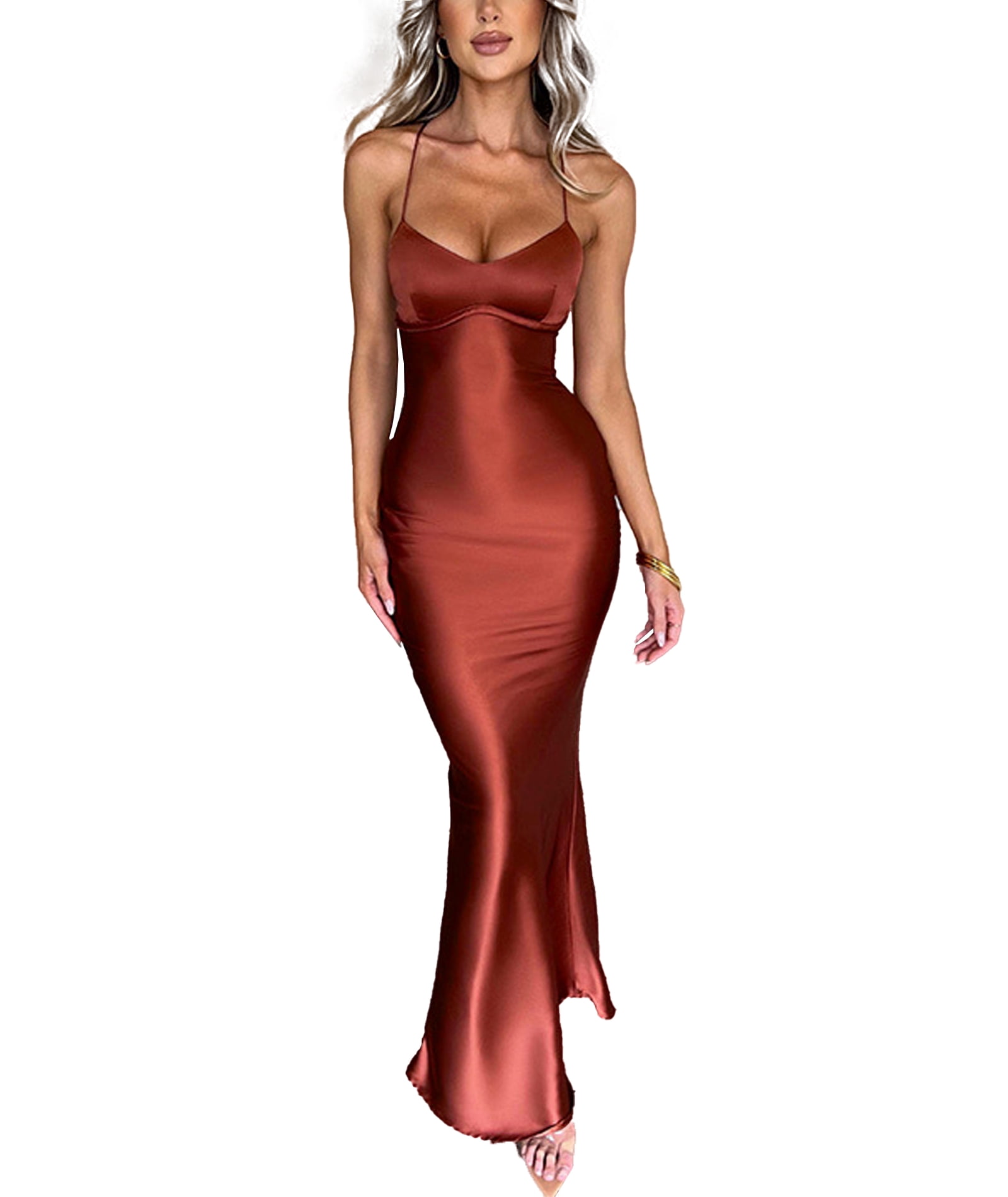 XXXITICAT Women's Slip Maxi Dress Sleeveless Open Back Backless Lace Up  Bandage Criss Cross Mermaid Satin Party Dress(RU,S) - Walmart.com