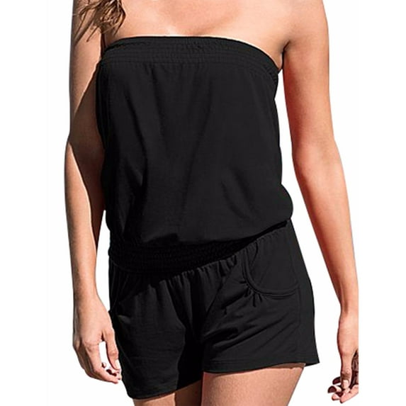 XXXITICAT Women's Strapless Off-Shoulder Short Overall Sexy Summer Beach Print Jumpsuits(BL1,S)