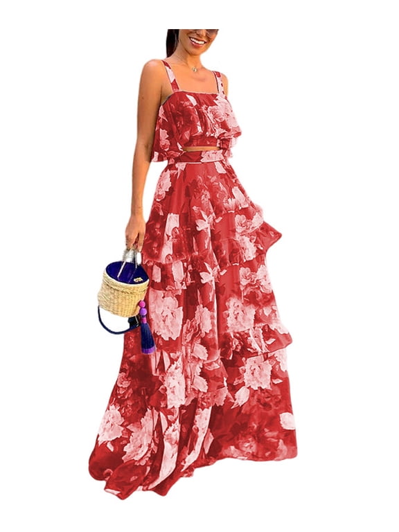 Women's Summer Floral Print Crop Tops Ruffle Skirt Sets Maxi Long Dress(RE,L)